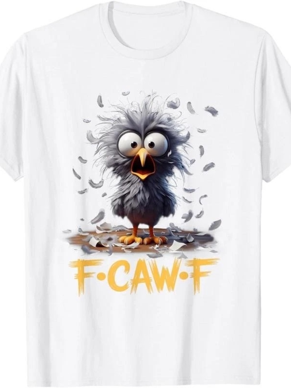 Gildan White Tee with Playful Black Bird and Yellow Accent